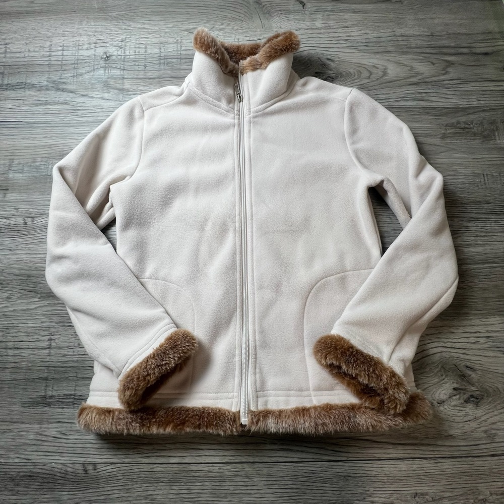 Barrage Petite Fleece Jacket Womens PS Cream Faux‎ Fur Trim Full Zip Z59